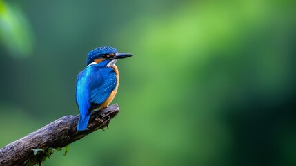 Obraz premium A blue-and-yellow bird perches on a tree branch against a backdrop of a lush, green forest filled with leafy foliage
