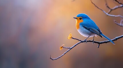Obraz premium A blue bird perches atop a tree branch, adjacent to another laden with yellow and orange blooms
