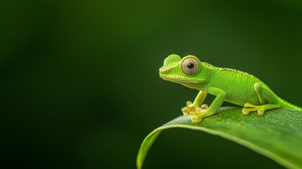 Obraz premium A green chameleon on a green leaf, eyes fixed widely on the camera