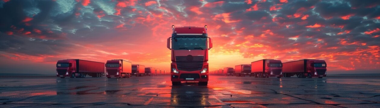Semi-trailer truck on a highway at sunset.