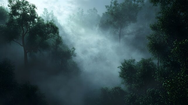 Morning mist rolling through a dense forest, foggy weather, mysterious ambiance