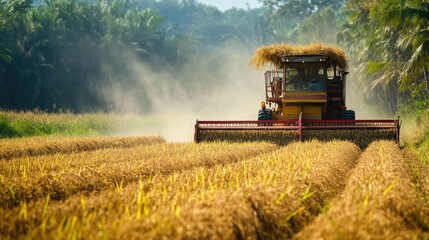 Naklejka premium A South Asian agriculture harvester in a field of rice with copy space. No people