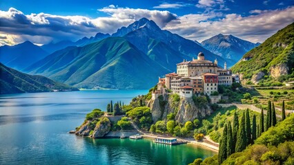 Sacred Mount Athos peninsula in Halkidiki, Greece, with lush green forests, serene blue waters, and majestic Orthodox