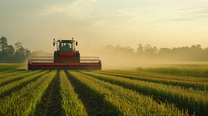 Obraz premium A South Asian forage harvester in a field of crops with copy space. No people