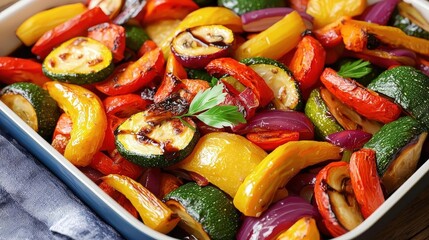 Colorful roasted vegetables featuring zucchini, bell peppers, and onions, ideal for healthy meal inspirations and vibrant presentations.