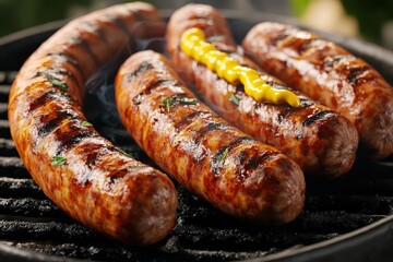 Deliciously grilled sausage with a crispy exterior and a hint of mustard, perfect for barbecues and savory meals.