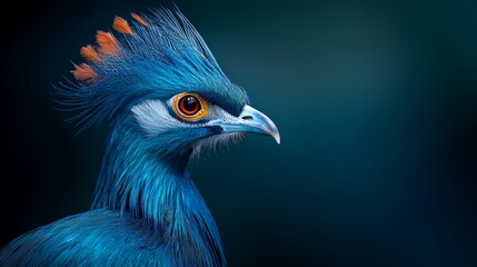  A tight shot of a blue bird with vibrant orange and red feathers atop its head against a solid black backdrop