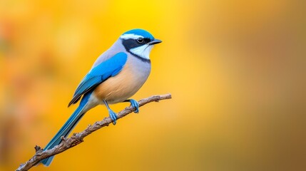 Obraz premium A blue-and-white bird perches on a tree branch against a blurred backdrop of yellow and orange