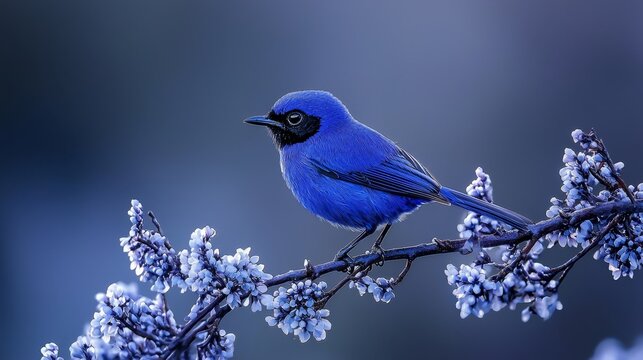  A blue bird perches atop a branch adorned with purple and white blossoms Amidst a cloudy day