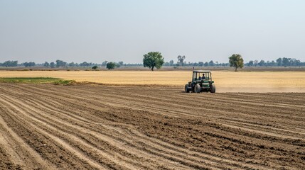 Obraz premium A South Asian tillage machine in a dry, empty field with copy space. No people