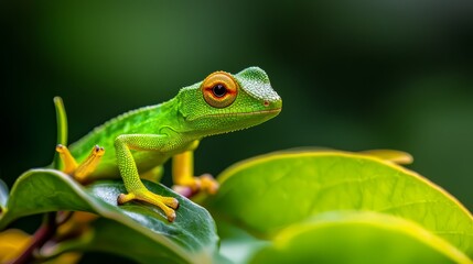 Obraz premium A chameleon sits atop a green leafy plant, nearby is another identical one
