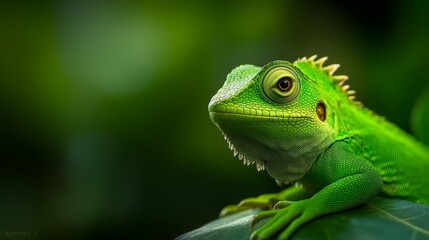 Obraz premium A tight shot of a green lizard atop a textured leaf against a softly blurred backdrop of verdant foliage