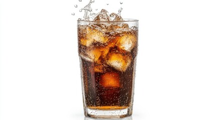 A tall glass of cola with ice cubes and a splash of liquid.