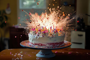 An image of a vibrant birthday cake exploding with colorful sprinkles and candles, capturing the essence of celebration, joy, and surprise in a festive indoor setting.