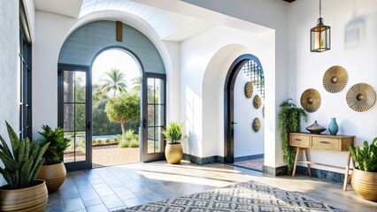 Boho, mediterranean interior design of modern home entryway, hall with arched walls.
