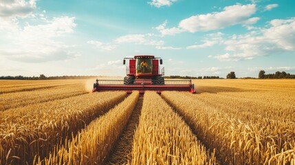 Fototapeta premium South Asian combine harvester working in a wheat field. No people, copy space