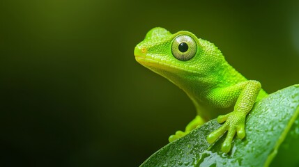 Fototapeta premium A tight shot of a green frog perched on a leaf, adorned with dewdrops on its back and pebbly eyes