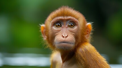 Fototapeta premium A tight shot of a monkey's face with out-of-focus trees behind
