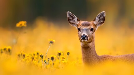  A tight shot of a deer amidst a flower-filled meadow, surrounded by softly blurred grass and yellow blooms in the background