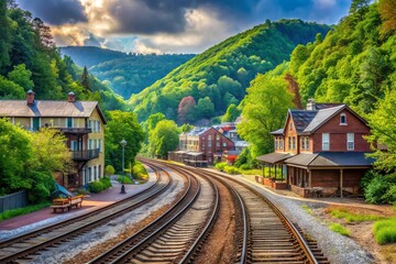 Scenic railroad tracks curve through lush green forests and historic buildings in Thurmond, West Virginia, showcasing