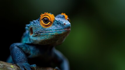  A tight shot of a blue-yellow lizard perched on a tree branch, background softly blurred