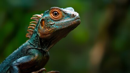 Obraz premium A tight shot of an iguana perched on a branch, surrounded by a softly blurred backdrop of trees