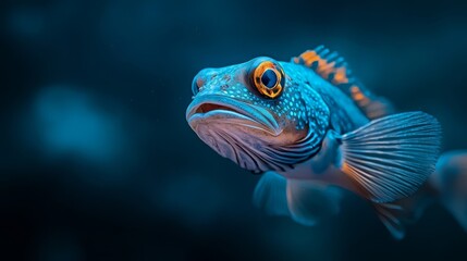 Fototapeta premium A tight shot of a blue fish with an orange-white striped head against a black backdrop