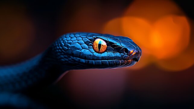  A tight shot of a blue snake's head against an hazy backdrop of orange and yellow lights