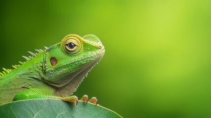 Fototapeta premium A tight shot of a green chameleon atop a verdant leaf against a softly blurred backdrop