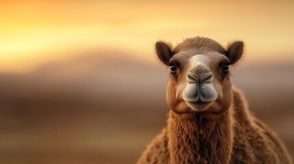 Obraz premium A tight shot of a camel's face with a hazy, indistinct sky behind it and a similarly blurred sky in front
