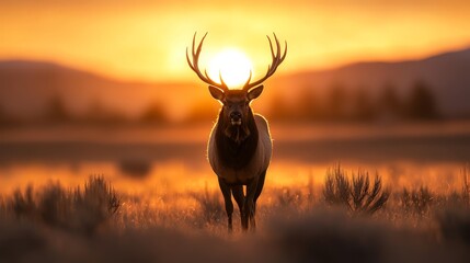  A deer silhouetted against the sunset, field before it, mountain range distant