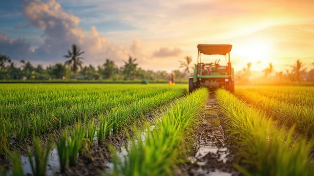 South Asian rice transplanter in a paddy field, no people, with copy space