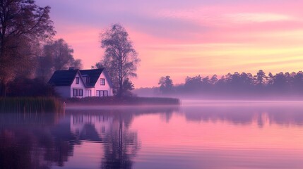 Fototapeta premium Scenic landscape with a quaint house by a serene lake, soft pink and purple hues in the sunset sky, gentle ripples on the water surface reflecting the colors, tranquil mood enhanced by the peaceful