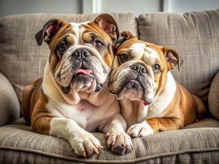 Fototapeta premium senior Old English Bulldog and playful English Bulldog cuddle together on a comfortable couch, showcasing tender
