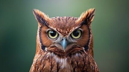 Fototapeta premium A tight shot of an owl's expressive face Green eyes gleam, contrasting against the indistinct background