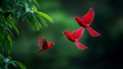  Red birds fly against a black backdrop with a green, leafy tree in foreground