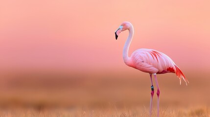 Fototapeta premium A pink flamingo poses in a field of tall grass, against a backdrop of a rosy-hued sky
