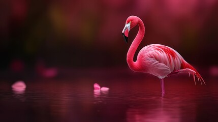 Fototapeta premium A pink flamingo in a body of water, holding a butterfly in its beak Its reflection mirrors the scene on the water's surface