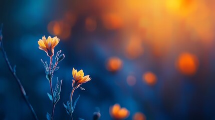  A couple of yellow flowers atop a verdant green field, adjacent to a blue-yellow bloom expanse