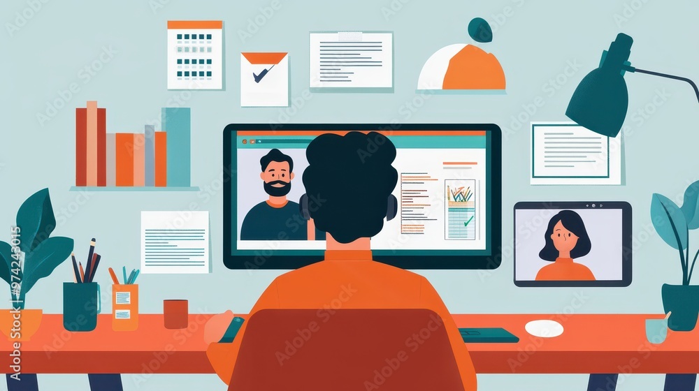 Poster modern workspace with digital communication and analytics