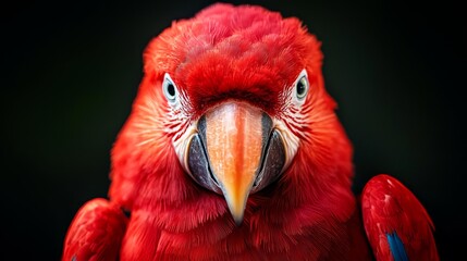 Fototapeta premium A red parrot's head and beak, tightly framed against a black background