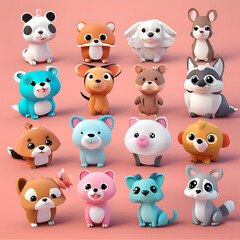 Obraz premium A collection of cute, cartoon animal figurines in various poses and colors.