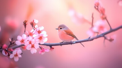  A small bird perched on a tree branch amidst pink flowers against a backdrop of pink and yellow