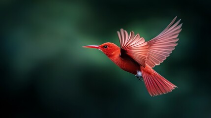 Obraz premium A red bird flies through the air, wings spread wide, head turned slightly aside