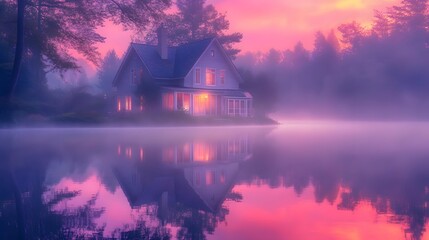 Fototapeta premium Charming house by a still pond, illuminated by a pastel pink and purple sunrise, delicate mist rising from the water, calm and introspective atmosphere, soft, diffused lighting creating a serene