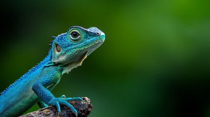 Fototapeta premium A tight shot of a lizard perched on a tree branch against a softly blurred backdrop of green foliage
