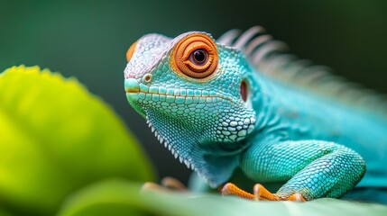 Fototapeta premium A tight shot of a blue chameleon perched on a verdant leaf against a softly blurred background