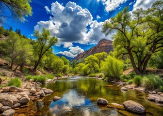 Fototapeta premium Serene desert landscape of Madera Canyon, Arizona, featuring a gentle stream, lush greenery, and majestic trees under a