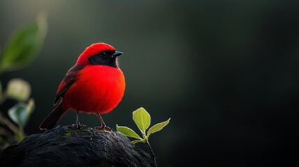  A red-and-black bird perches atop a rock near a tree branch, lush with green leaves