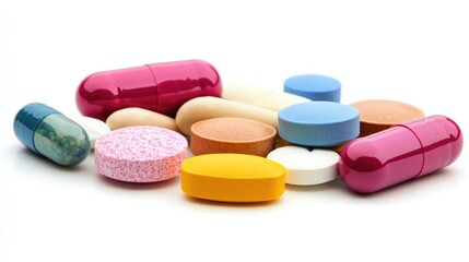 A variety of colorful pills and capsules are scattered on a white background.
